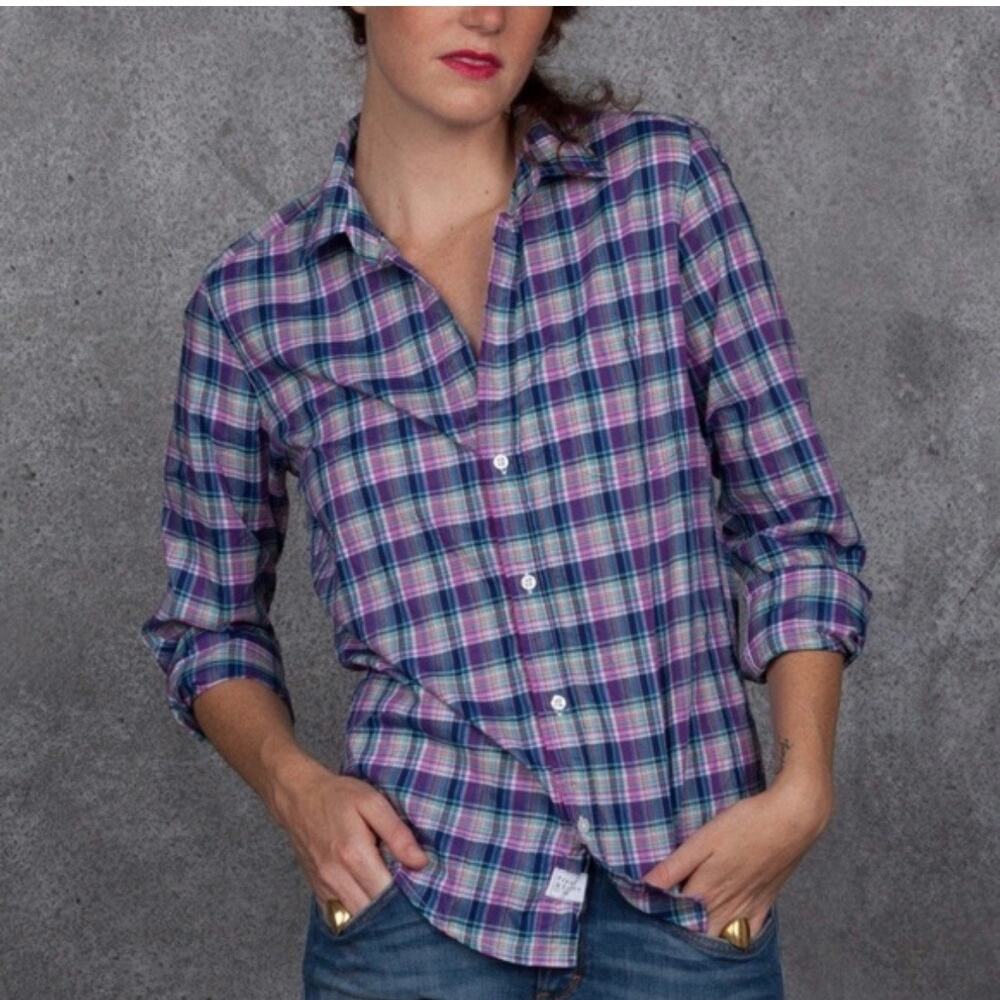 Frank & Eileen Barry 100% cotton tailored button up shirt navy pink plaid XS